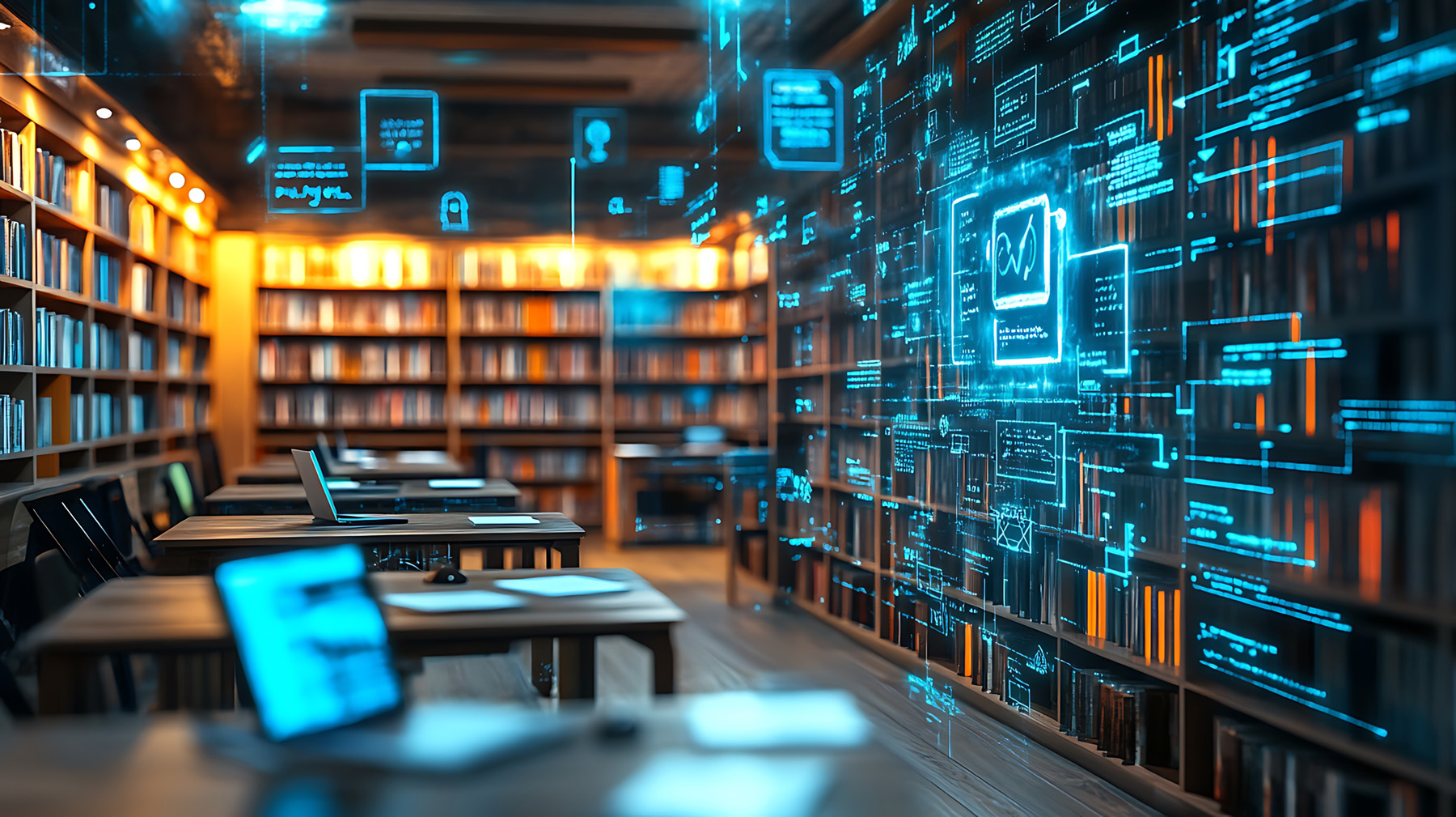 Eine moderne Bibliothek mit langen Holztischen und geöffneten Laptops, umgeben von Bücherregalen.